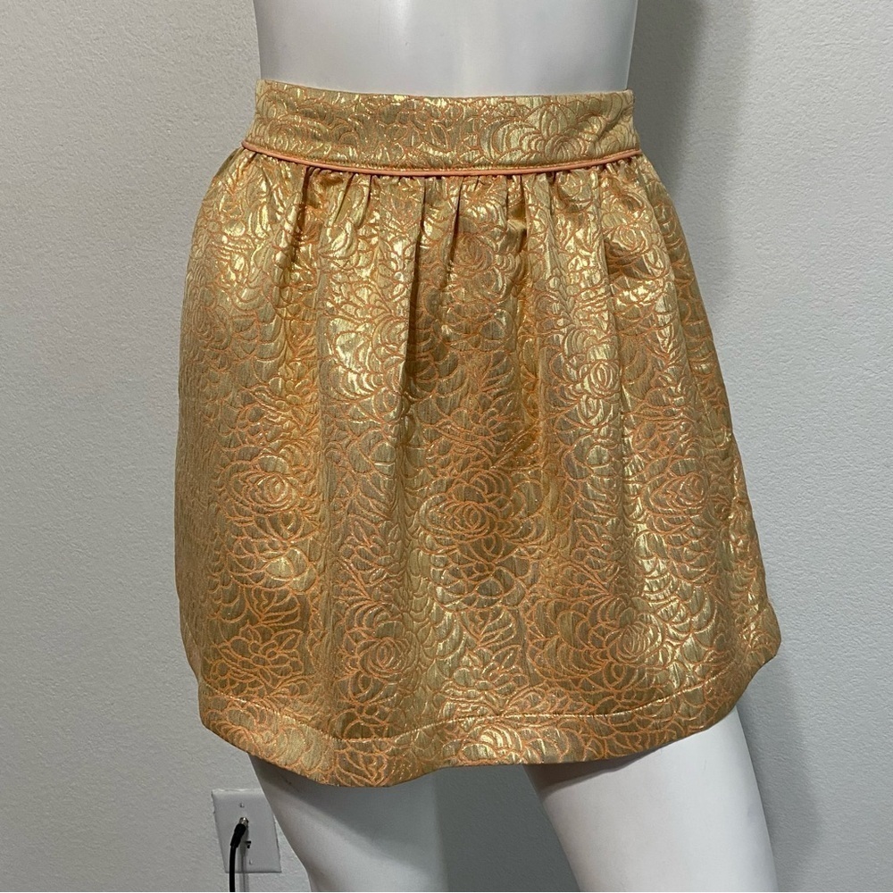 Mustard Seed "NEW" Metallic Gold Mini Skirt With Peach Floral Print Size S